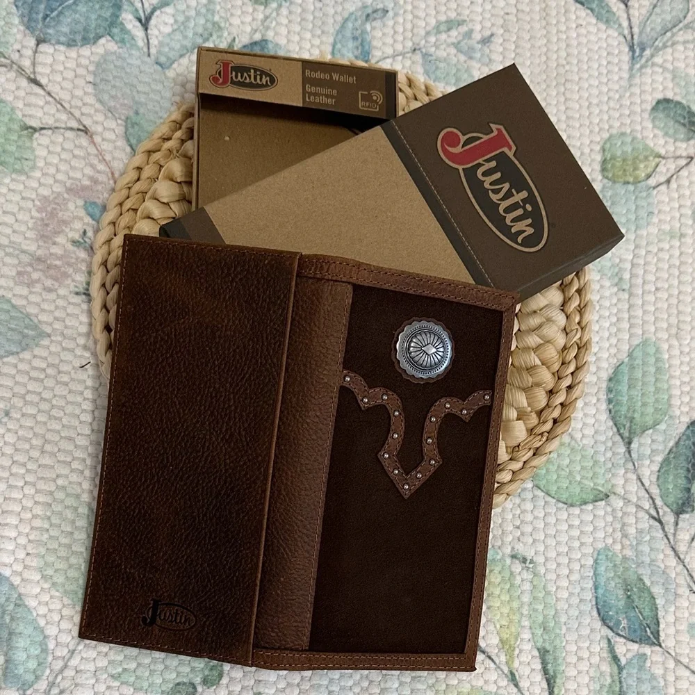 New Justin Boots Dark Brown Slim Bi Fold Leather Jr. Rodeo Wallet NIB